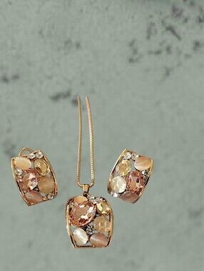 Gold-tone Pendant Necklace and Earrings Set with Peach Crystal Accents